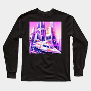 Spaceship With Pink Sky Futuristic Synthwave City Long Sleeve T-Shirt